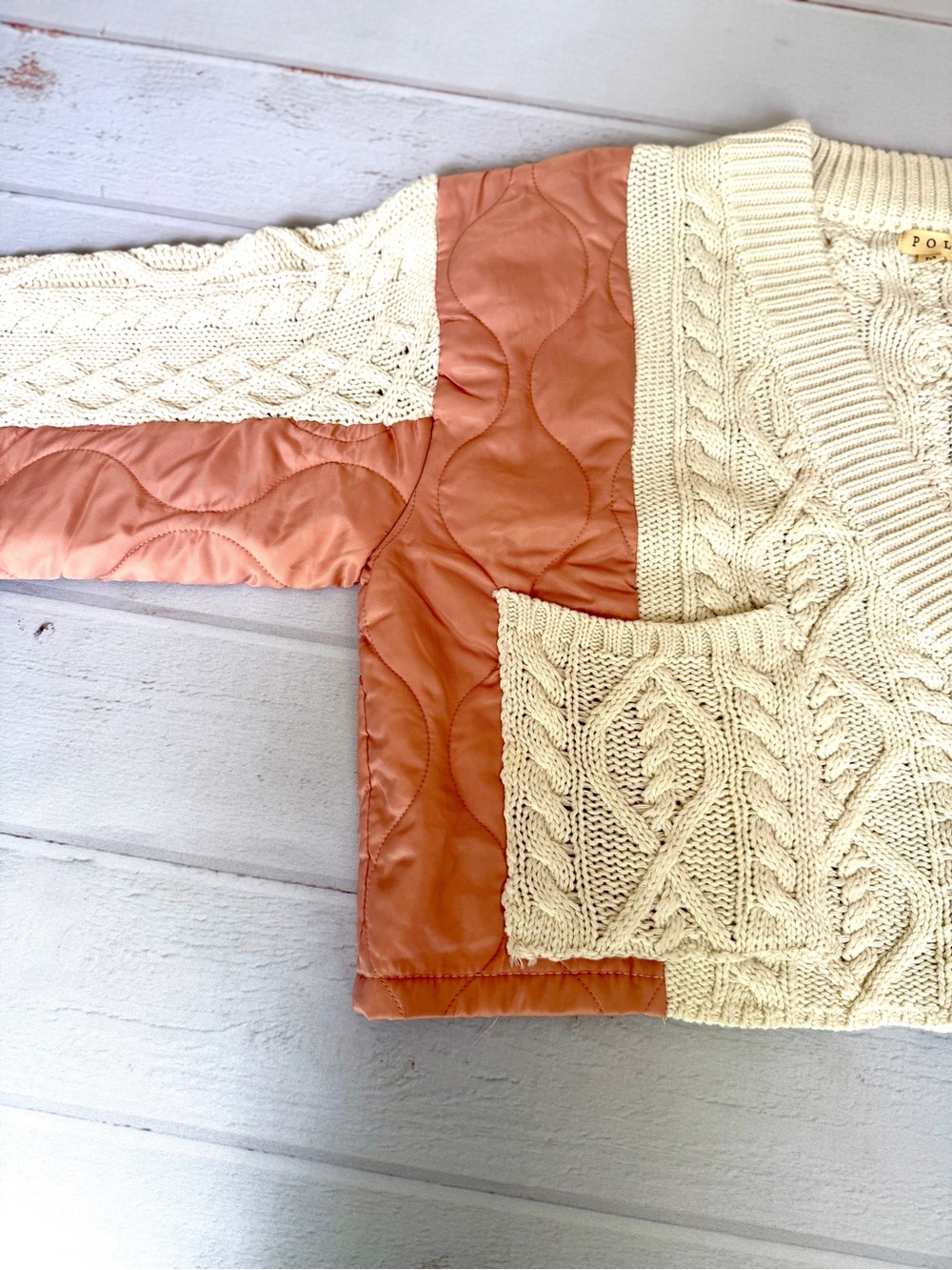 POL Cream Cable Knit Cardigan Quilted Pink Satin Patchwork Button Front Size M - Picture 15 of 15
